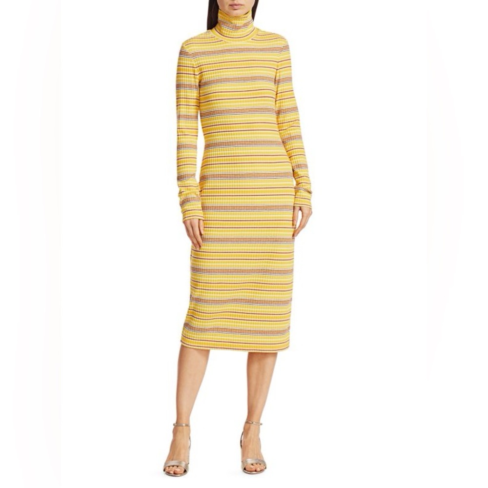 STAUD Yellow Striped Ribbed Bodycon Long Sleeve Midi Dress Size M